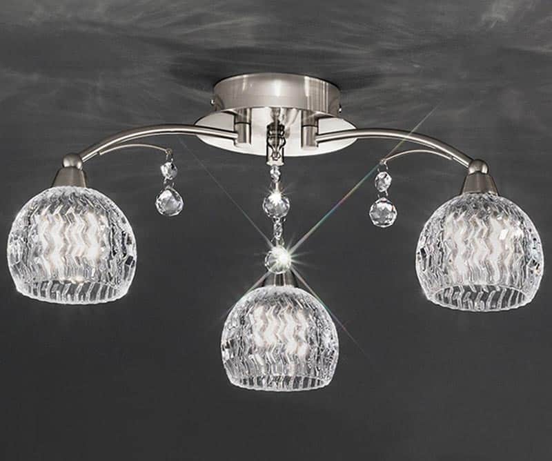 Elegant 3 Arm Flush Ceiling Light Satin Nickel Cut Glass Shades Crystal