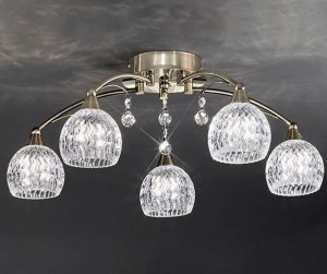 Franklite FL2296/5 Jura 5 light semi flush ceiling light in bronze with cut glass shades and crystal