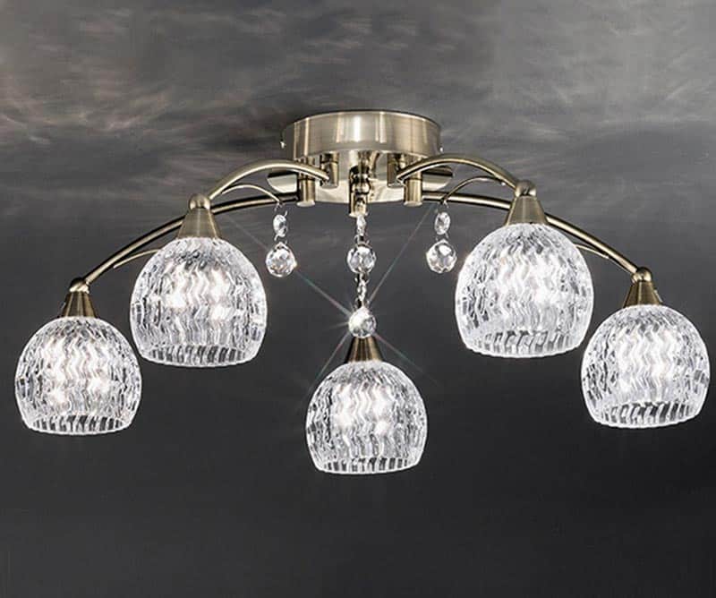 Elegant 5 Arm Flush Ceiling Light Bronze Finish Cut Glass Shades Crystal