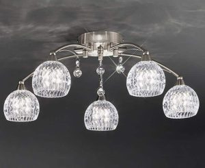 Franklite FL2295/5 Jura 5 light semi flush ceiling light in satin nickel with cut glass shades and crystal