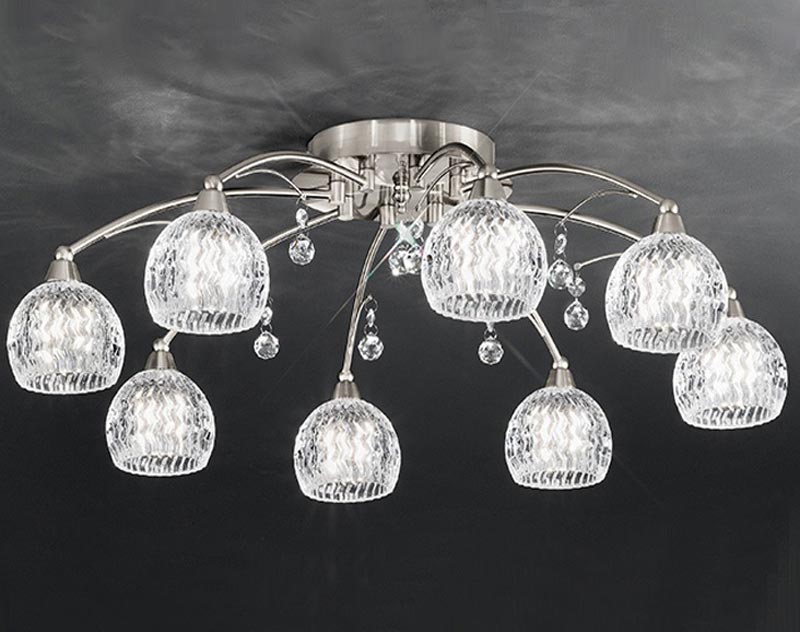 Elegant 8 Arm Flush Ceiling Light Satin Nickel Cut Glass Shades Crystal