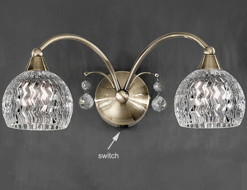 Elegant Twin Switched Wall Light Bronze Finish Cut Glass Shades Crystal