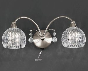Franklite FL2295/2 Jura twin switched wall light in satin nickel with cut glass shades and crystal