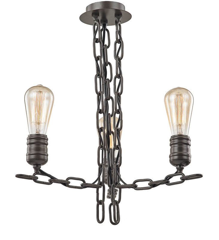 Industrial Style Chain Link 3 Lamp Semi Flush Ceiling Light Antique Finish