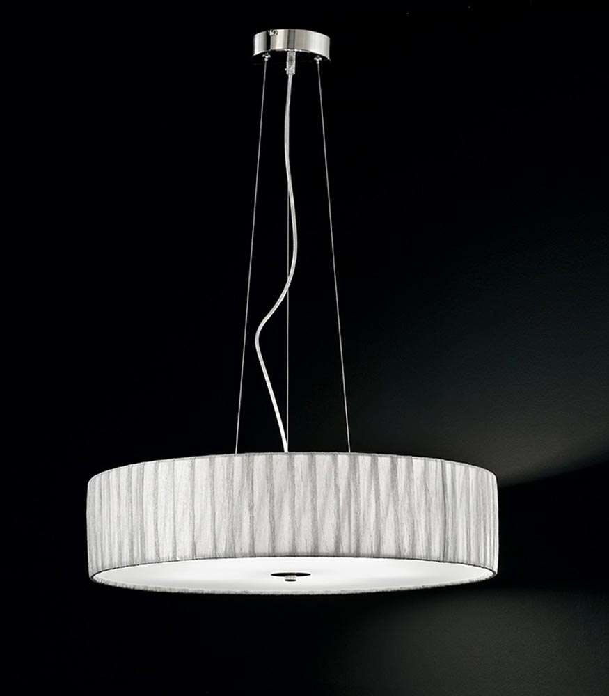 Modern 5 Light Ceiling Pendant Satin Nickel Translucent Silver Fabric