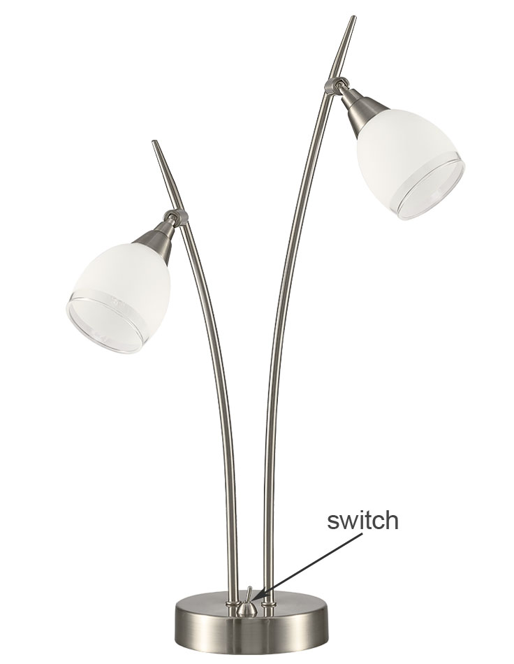 Quality 2 Light Table Lamp Satin Nickel Finish Satin White Glass Shades