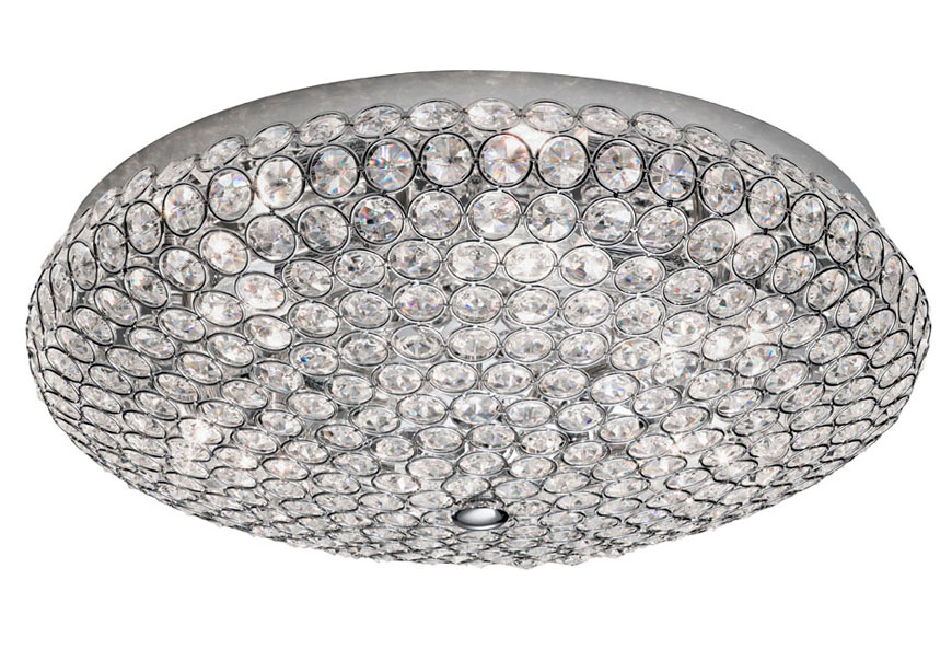 Polished Chrome & Crystal Glass 6 Light Flush Mount Ceiling Lamp