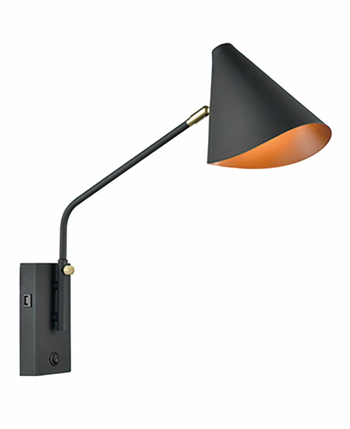 Modern 1 Lamp Swing Arm Bedside Wall Light USB Port Matt Black