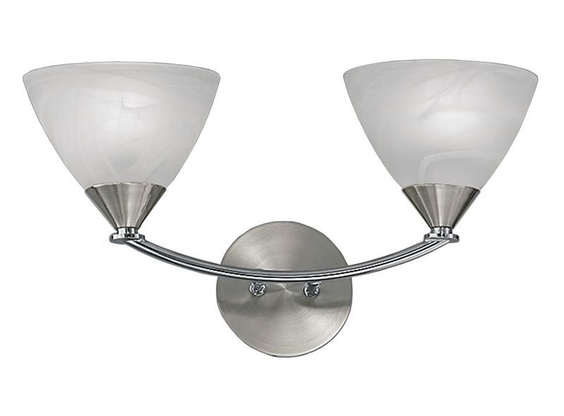 Classic Compact 2 Lamp Twin Wall Light Satin Nickel Glass Shades