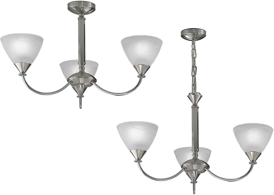 Classic Compact 3 Arm Dual Mount Chandelier Satin Nickel Glass Shades