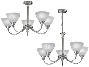 Franklite PE9675/786 Meridian 5 arm dual mount ceiling light in brushed nickel with alabaster glass shades main image