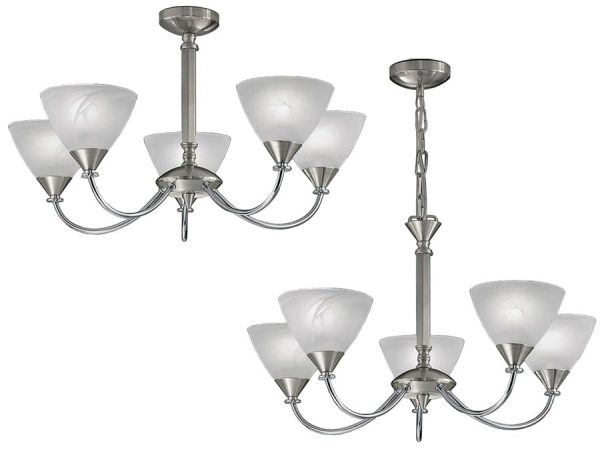 Franklite PE9675/786 Meridian 5 arm dual mount ceiling light in brushed nickel with alabaster glass shades main image