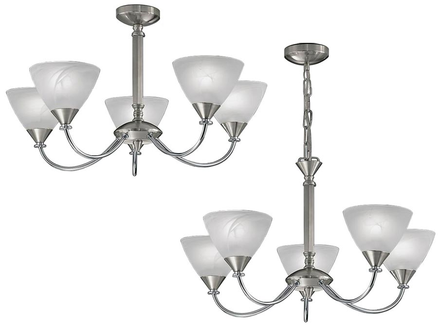Classic Compact 5 Arm Dual Mount Chandelier Satin Nickel Glass Shades