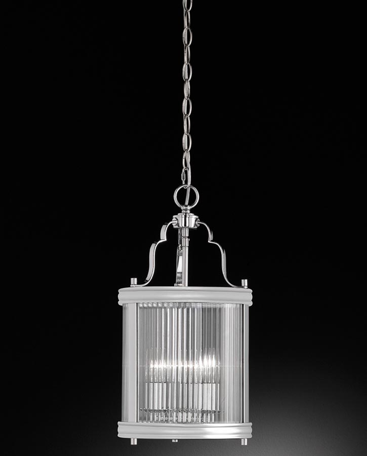 Contemporary 3 Light Hanging Lantern Polished Chrome Reeded Glass