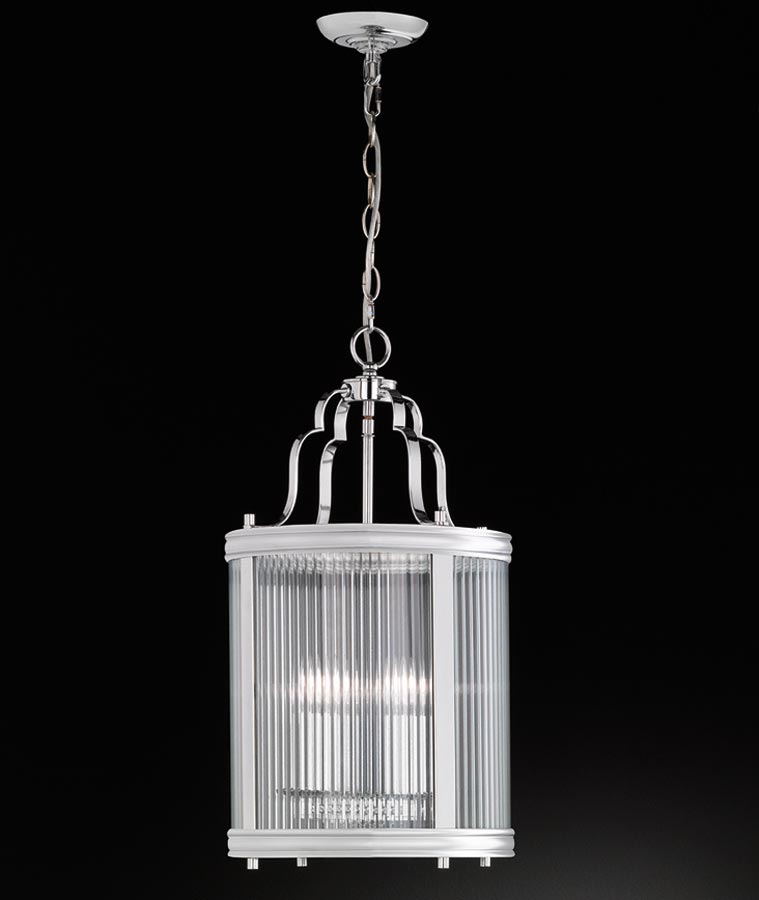 Contemporary 4 Light Hanging Lantern Polished Chrome Reeded Glass