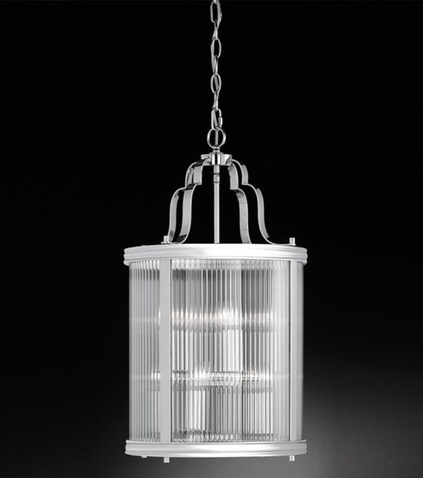 Contemporary 8 Light Hanging Lantern Polished Chrome Reeded Glass