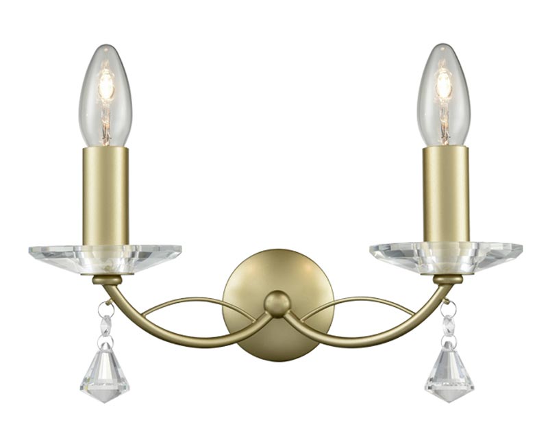 Stylish 2 lamp Double Wall Light Matt Gold Finish Crystal Sconces Drops