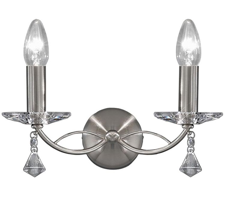 Stylish 2 lamp Double Wall Light Satin Nickel Crystal Sconces Drops