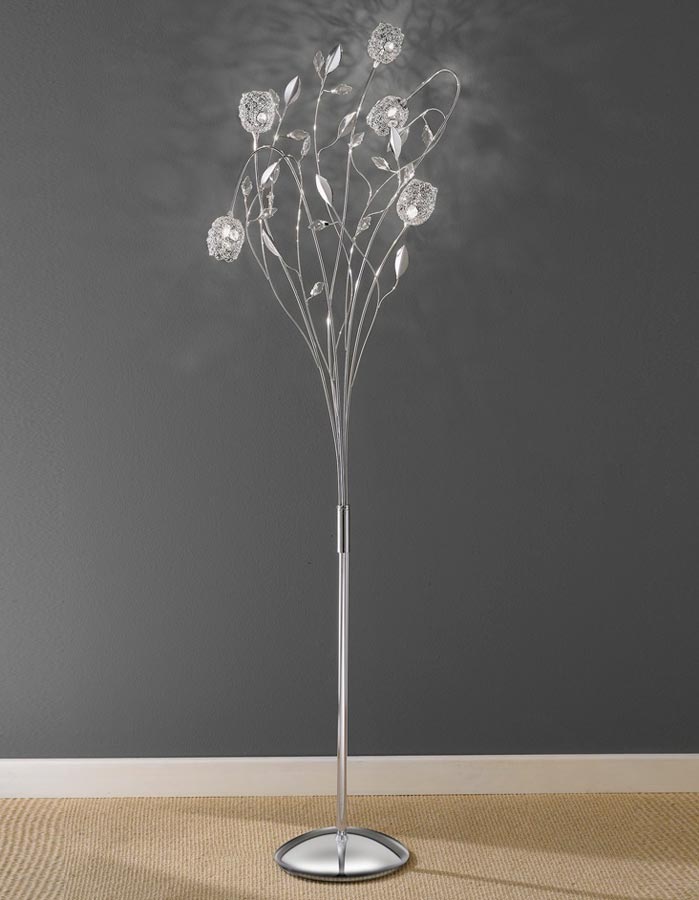 Floral 5 Light Dimmer Floor Lamp Polished Chrome Mesh Shades Crystal