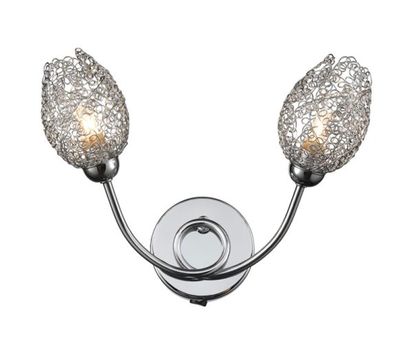 Modern 2 Lamp Switched Wall Light Polished Chrome Wire Pod Shades