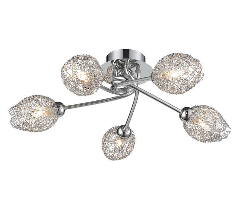 Modern Flush 5 Light For Low Ceiling Polished Chrome Wire Pod Shades
