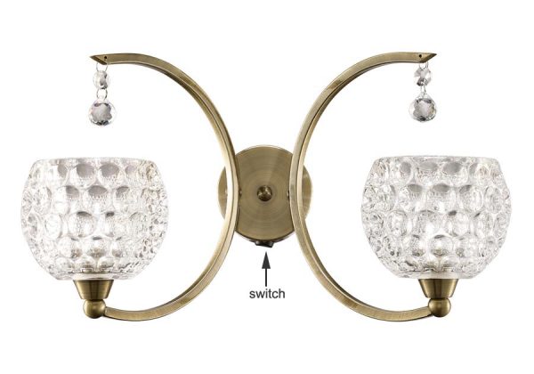 Omni 2 light switched wall light in bronze finish with dimpled glass shades and crystal drops