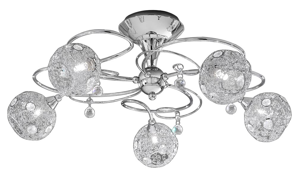 Modern 5 Arm Semi Flush Low Ceiling Light Chrome Mesh Shades Crystal