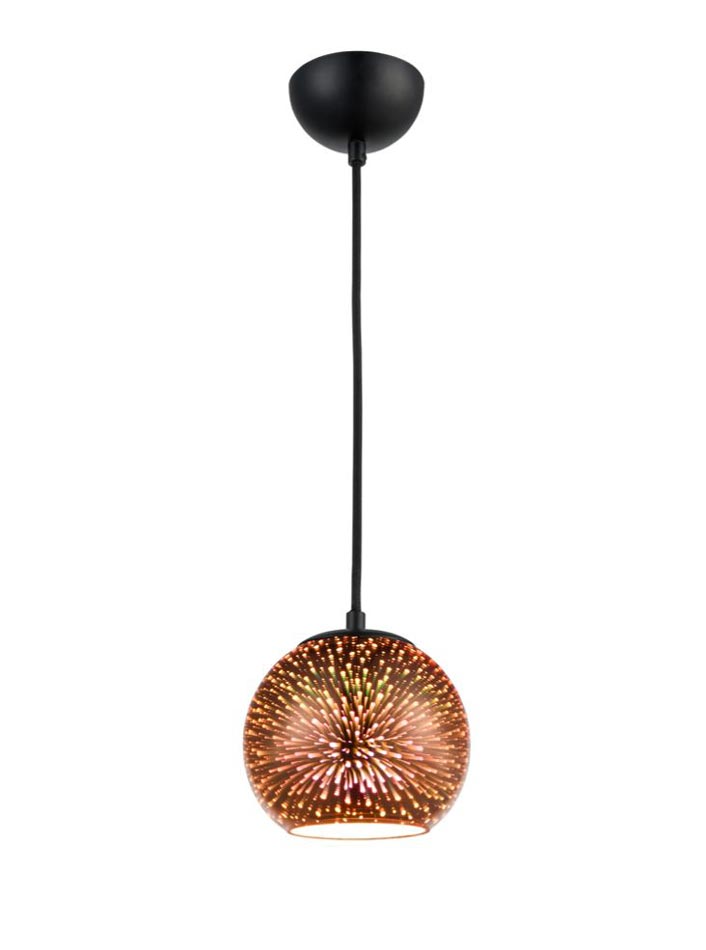 Small 70s Retro Style 1 Light 3D Ceiling Pendant Copper Glass Matt Black