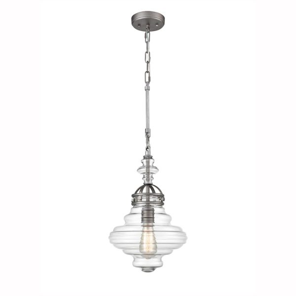 Traditional 1 light ceiling pendant with ribbed clear glass shade in satin nickel