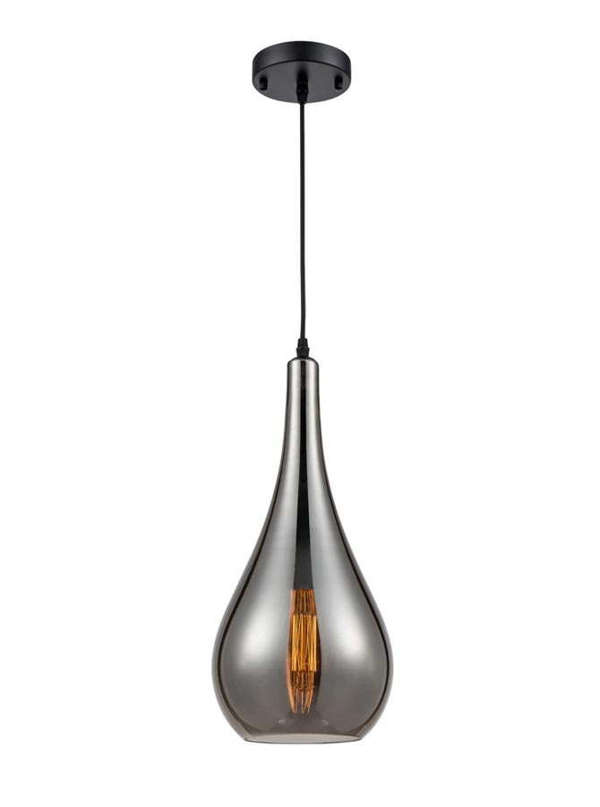 Classic Grey Smoked Glass Droplet Single Ceiling Pendant Light Black