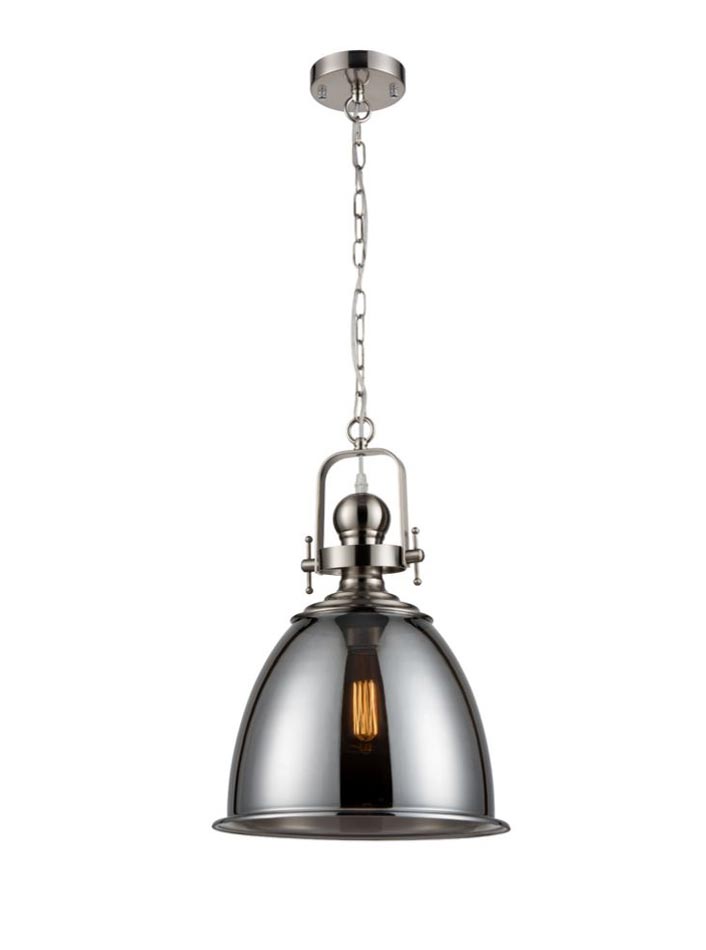 Large Smoked Bell Glass Single Chain Pendant Ceiling Light Satin Nickel