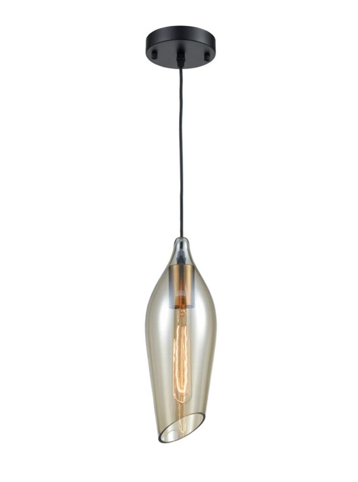 Contemporary 1 Light Ceiling Pendant Black Amber Glass Taper Shade
