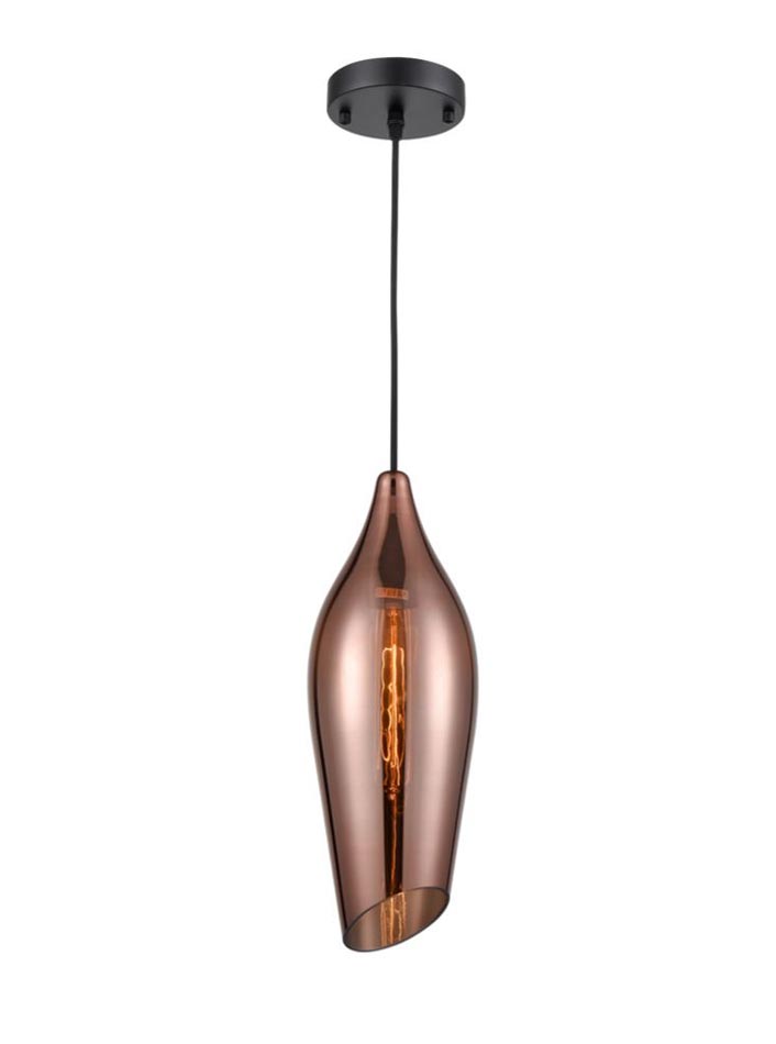 Contemporary 1 Light Ceiling Pendant Black Copper Glass Taper Shade