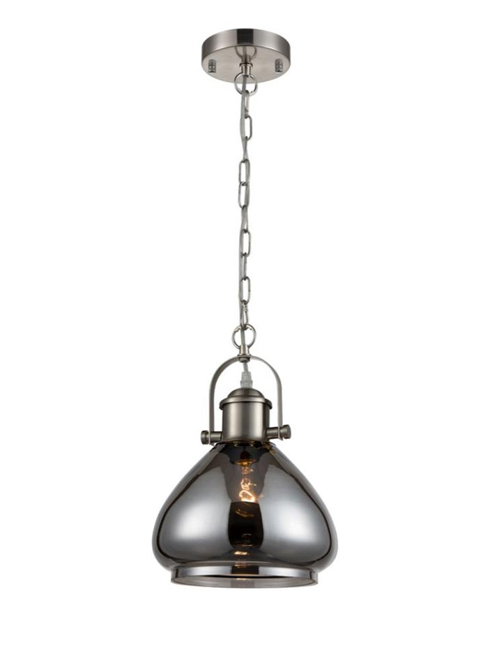 Industrial Style Smoked Glass Chain Pendant Ceiling Light Satin Nickel