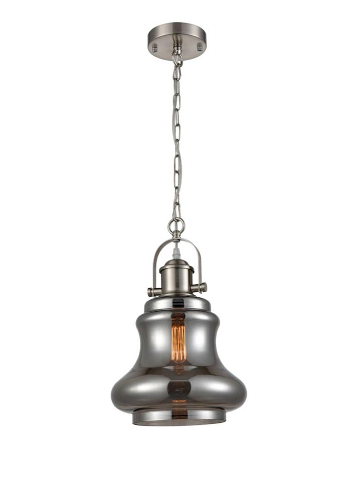 Classic Smoked Bell Glass Single Chain Pendant Ceiling Light Satin Nickel