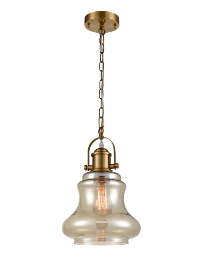 Classic Amber Bell Glass Single Chain Pendant Ceiling Light Antique Gold