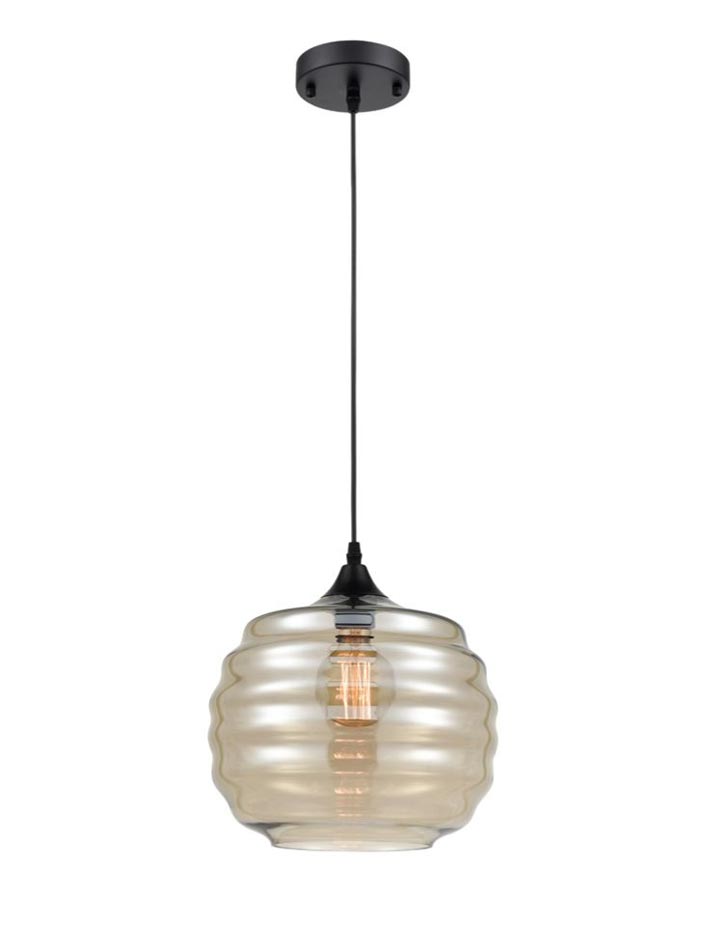 Classic Pale Amber Rippled Glass Single Ceiling Pendant Light Black