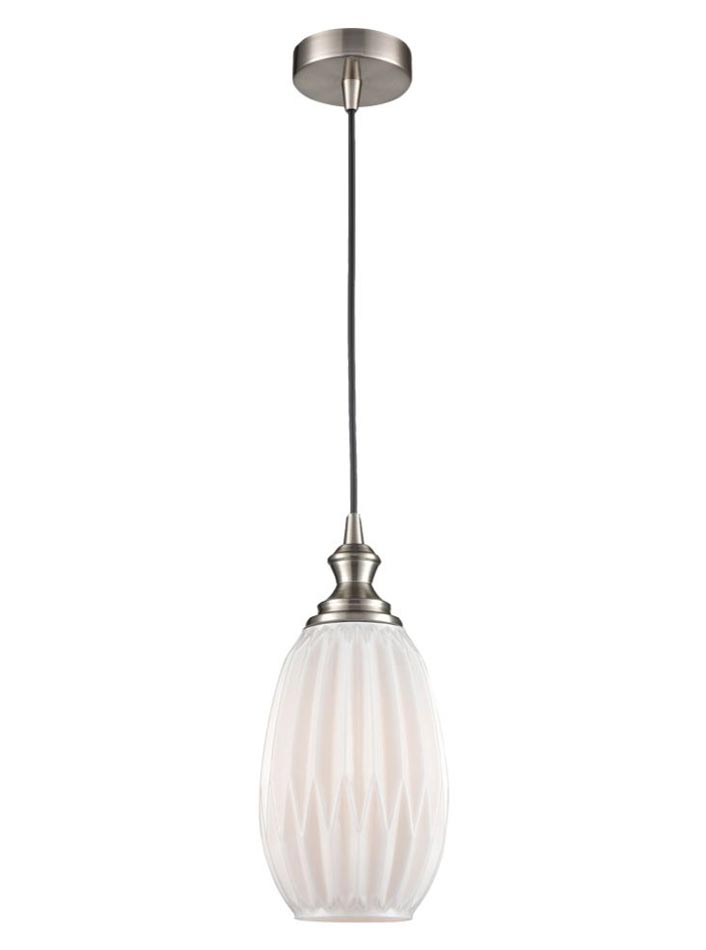 Classic 15cm Ribbed Opal Glass 1 Light Ceiling Pendant Satin Nickel