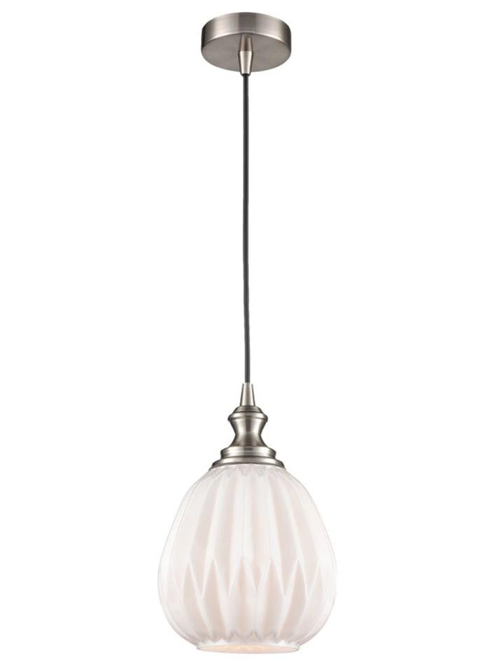 Classic 18cm Ribbed Opal Glass 1 Light Ceiling Pendant Satin Nickel