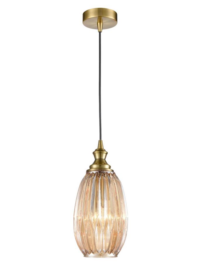 Classic 15cm Ribbed Amber Glass 1 Light Ceiling Pendant Bronze Finish