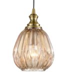 Classic 18cm Ribbed Amber Glass 1 Light Ceiling Pendant Bronze Finish
