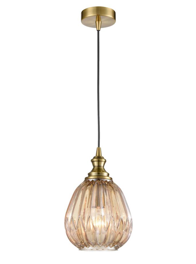 Classic 18cm Ribbed Amber Glass 1 Light Ceiling Pendant Bronze Finish