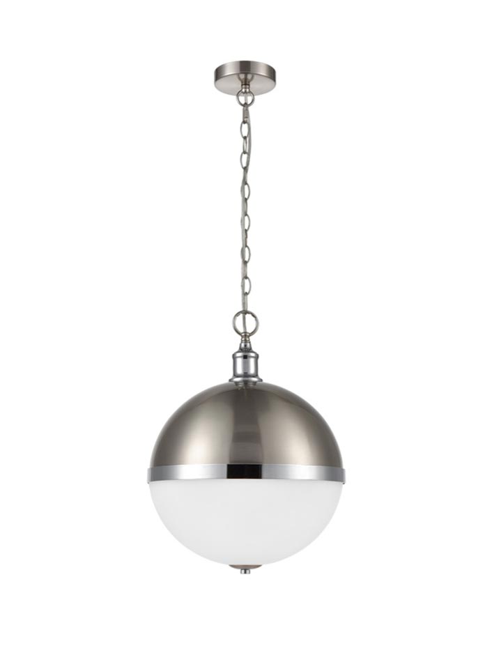 Modern Large Globe Ceiling Pendant Satin Nickel Chrome Opal Glass