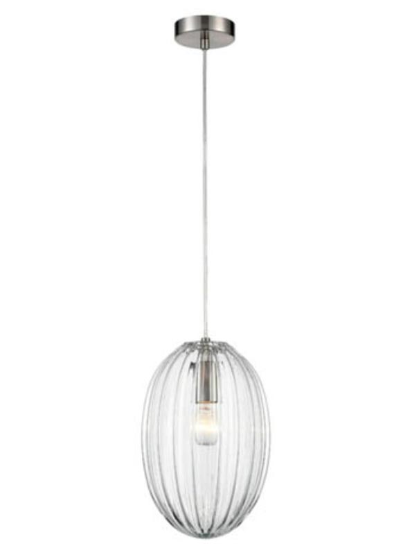 Traditional 20cm Clear Ribbed Glass 1 Light Ceiling Pendant Satin Nickel
