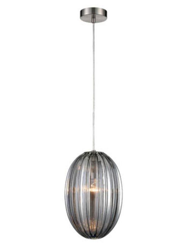 Traditional 20cm Smoked Ribbed Glass 1 Light Ceiling Pendant Satin Nickel