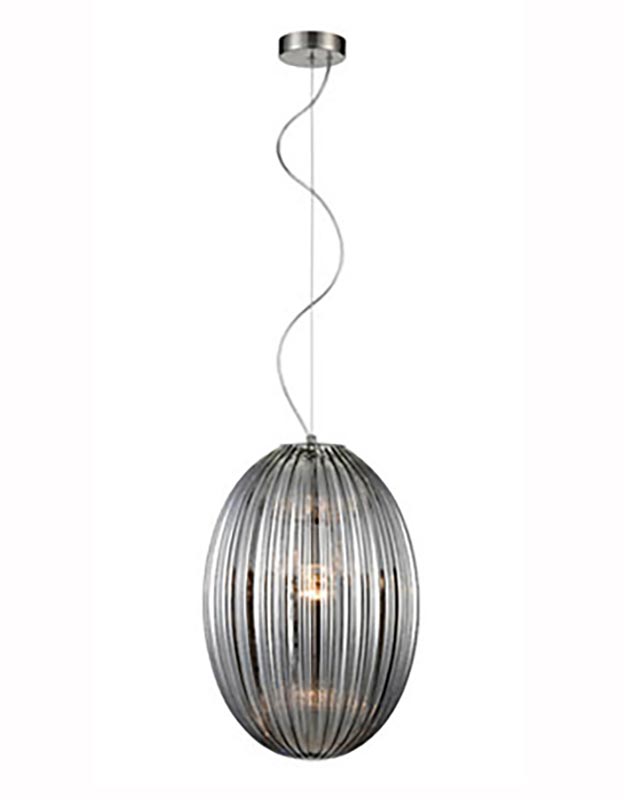 Traditional 30cm Smoked Ribbed Glass 1 Light Ceiling Pendant Satin Nickel