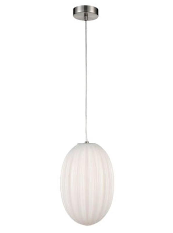 Traditional 20cm Ribbed Opal Glass 1 Light Ceiling Pendant Satin Nickel