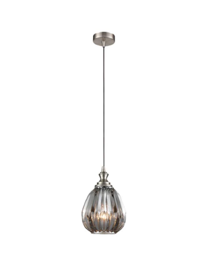 Classic 18cm Ribbed Smoked Glass 1 Light Ceiling Pendant Satin Nickel