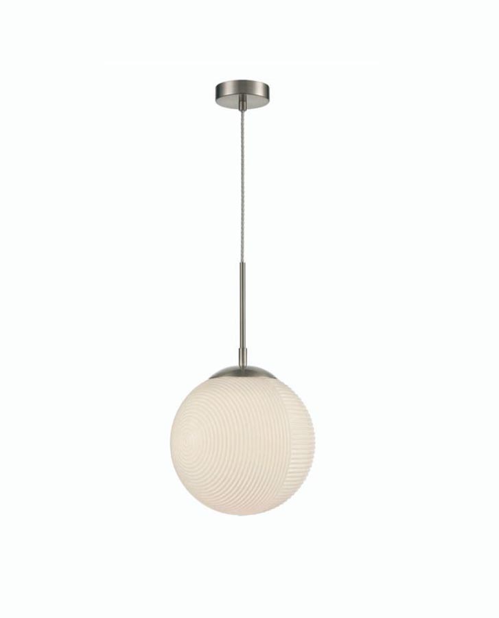 Modern 28cm Textured Opal Glass Globe Ceiling Pendant Light Satin Nickel