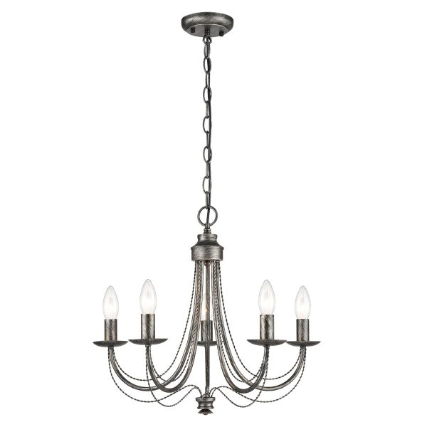 Traditional ironwork 5 light dual mount chandelier in black brushed silver full height